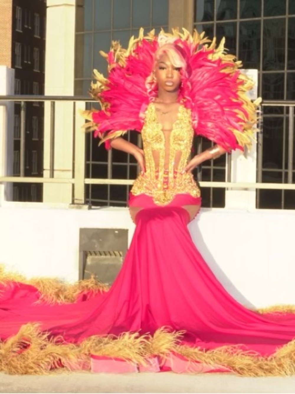 Gold-Embellished Hot Pink Feathered Gown
